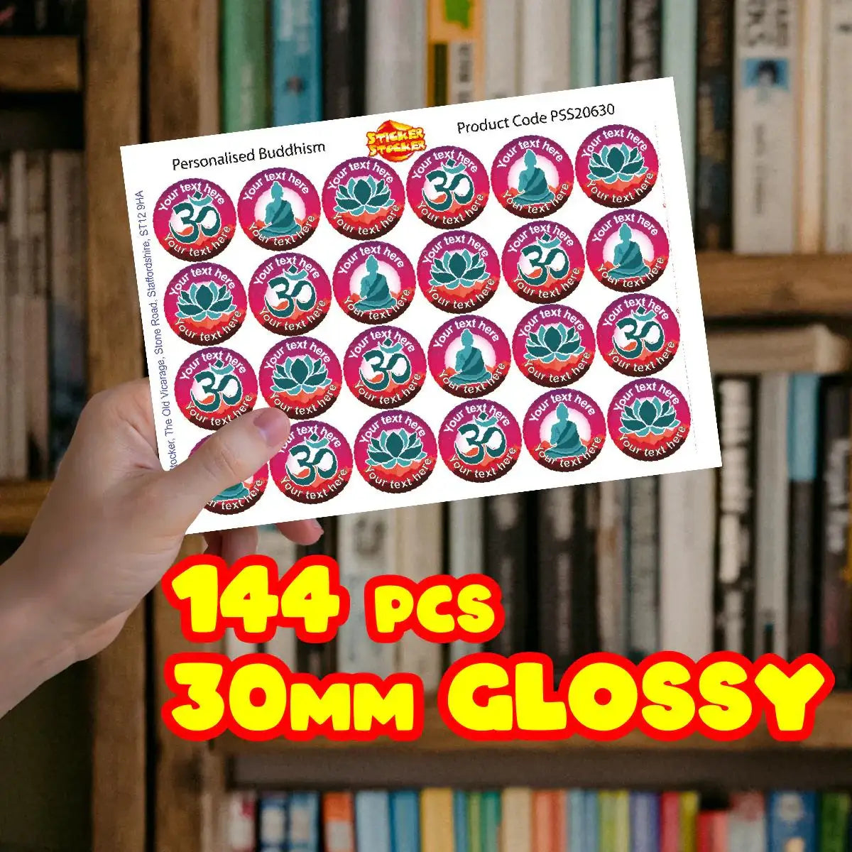 Hand holding a sheet of personalized Buddhism reward stickers, 144 pcs, 30mm glossy finish