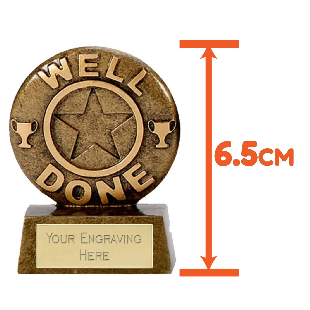 Mini Well Done Star Round Award Trophy 6.5cm Resin FREE engraving and Certificate
