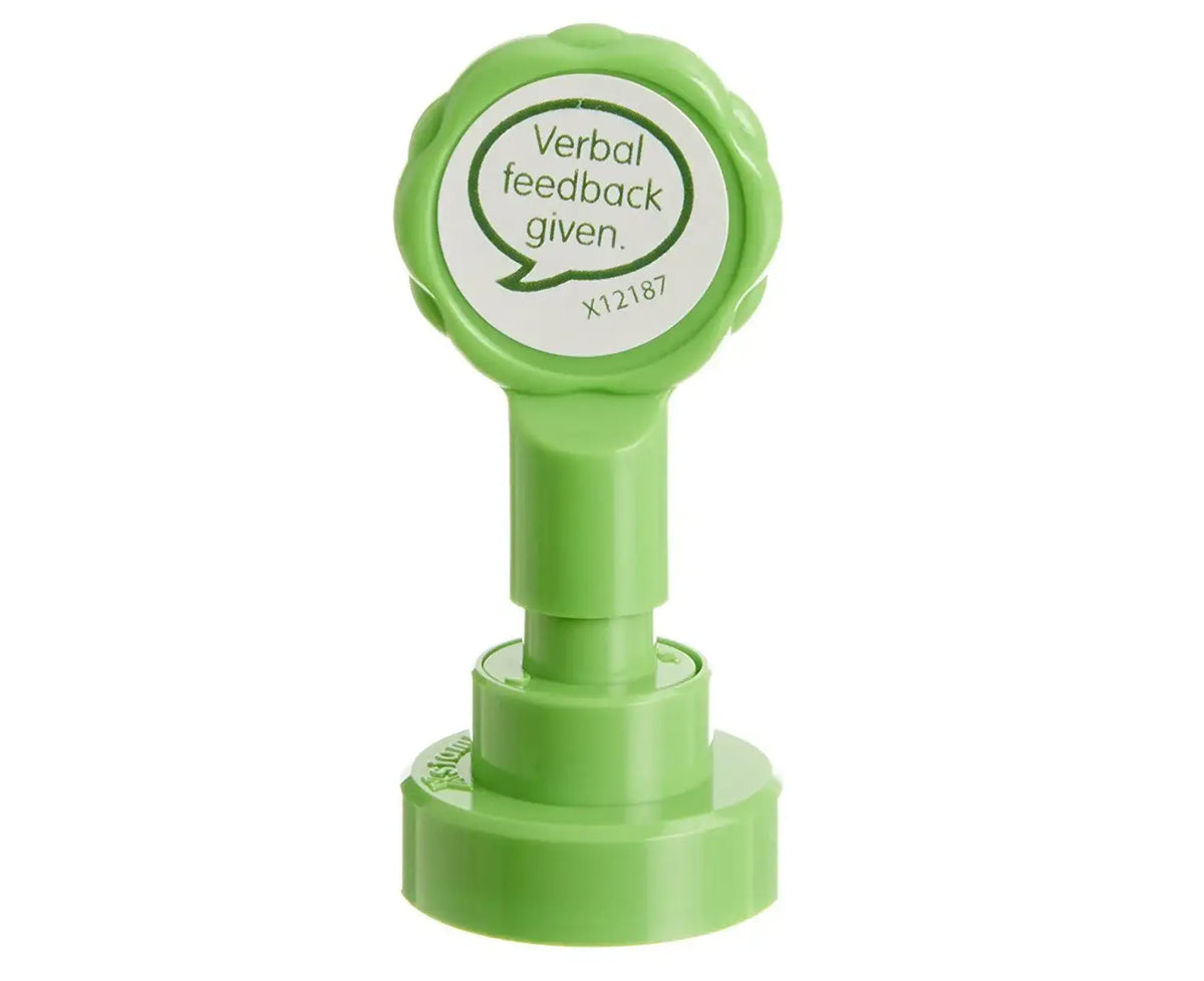 Green classroom stamp with 'Verbal feedback given' label, teacher reward tool