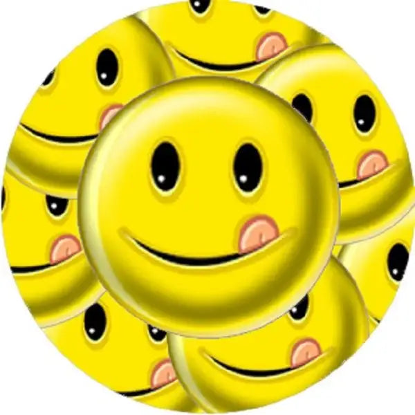 Round yellow smiley face reward stickers stacked against white background