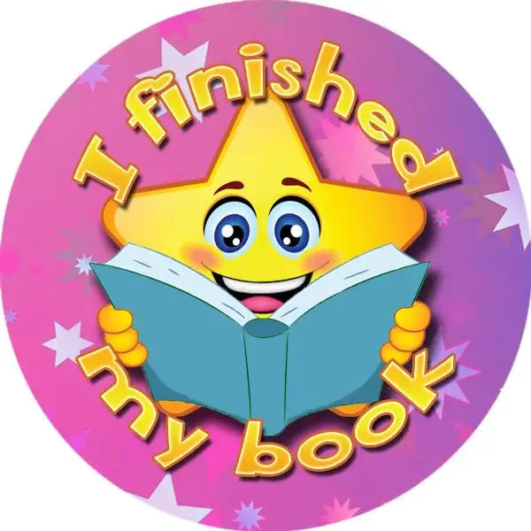 Reward sticker with smiling star holding a book and text 'I finished my book' on a pink background.
