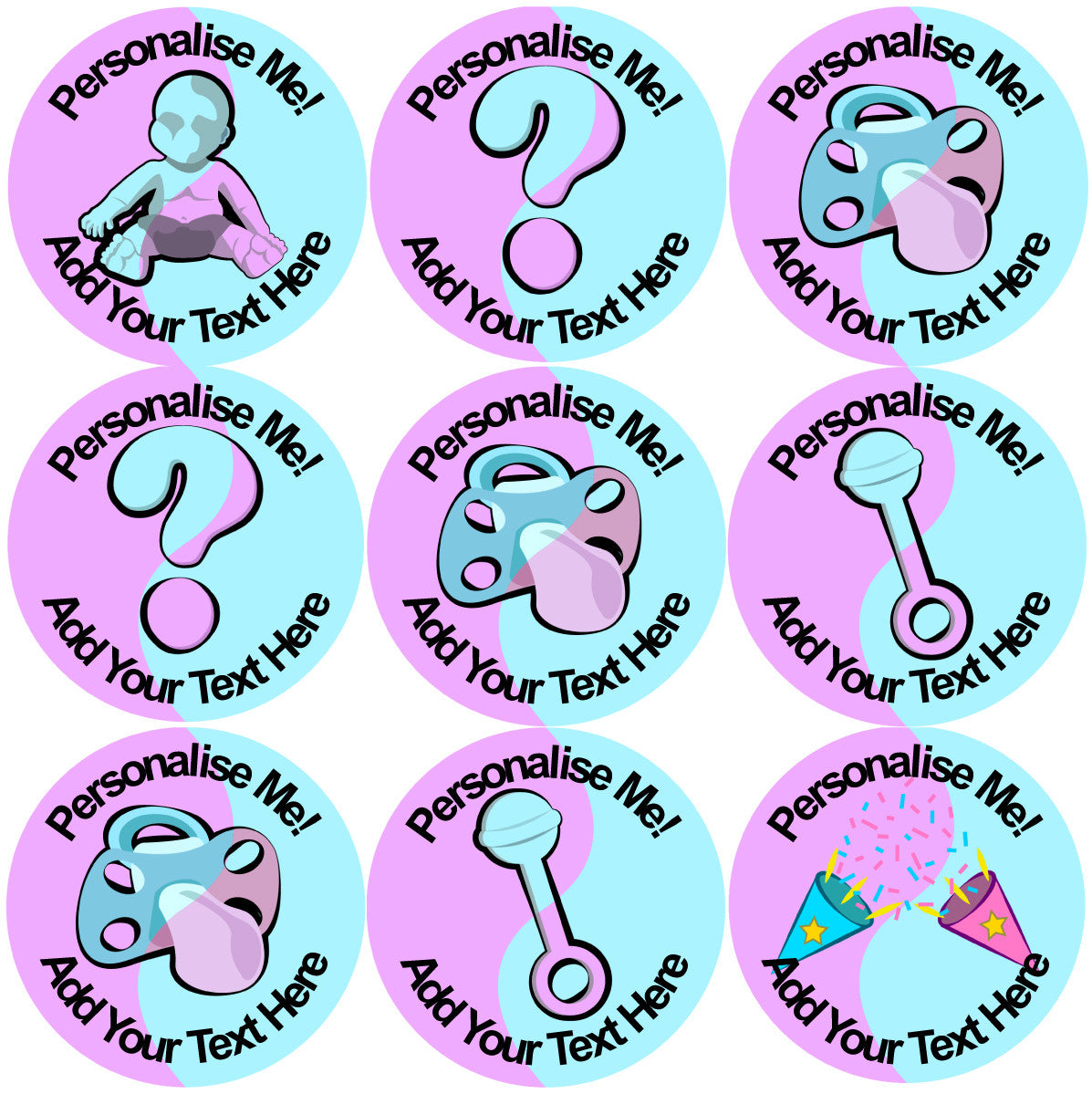 Sticker Stocker - 144 Baby Gender Reveal Party - Pink & Blue 30mm Personalised Stickers
