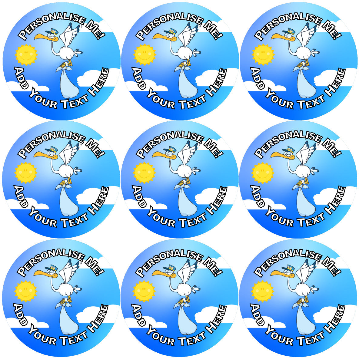 Sticker Stocker - 144 Baby Shower Stork - Blue 30mm Personalised Stickers