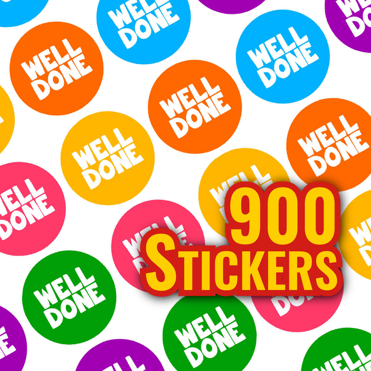 Sticker Stocker -900 Colourful Well Done Dots 10mm Glossy Teacher Reward Stickers Spot Stickers Journal Stickers