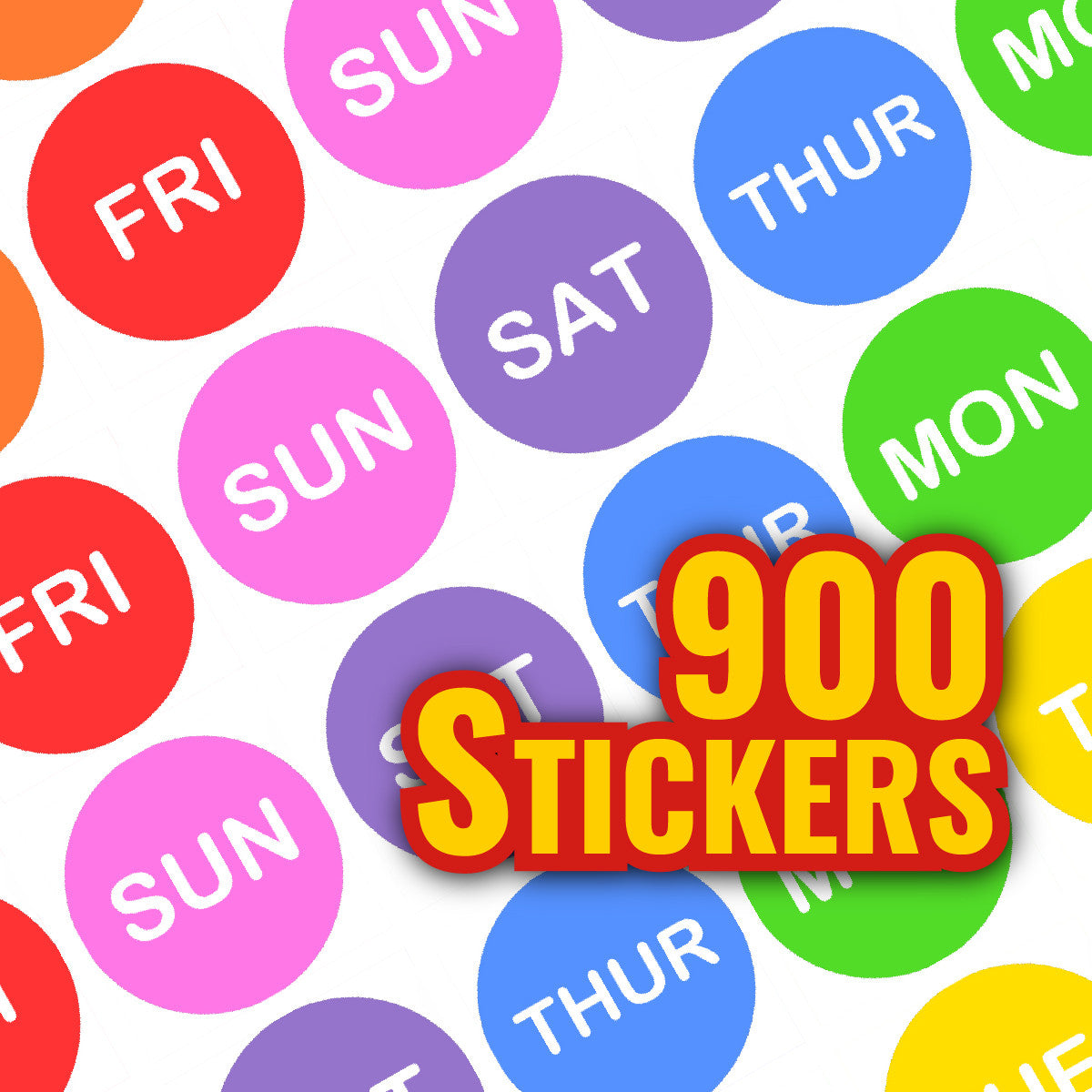 Sticker Stocker - 900 Mini Colourful Days of the Week Dots 10mm Spot Reward Stickers for Teachers and Planner Charts