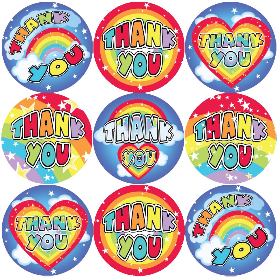 144 Thank You Rainbows 30mm Stickers for Teachers, Parents and Party Bags