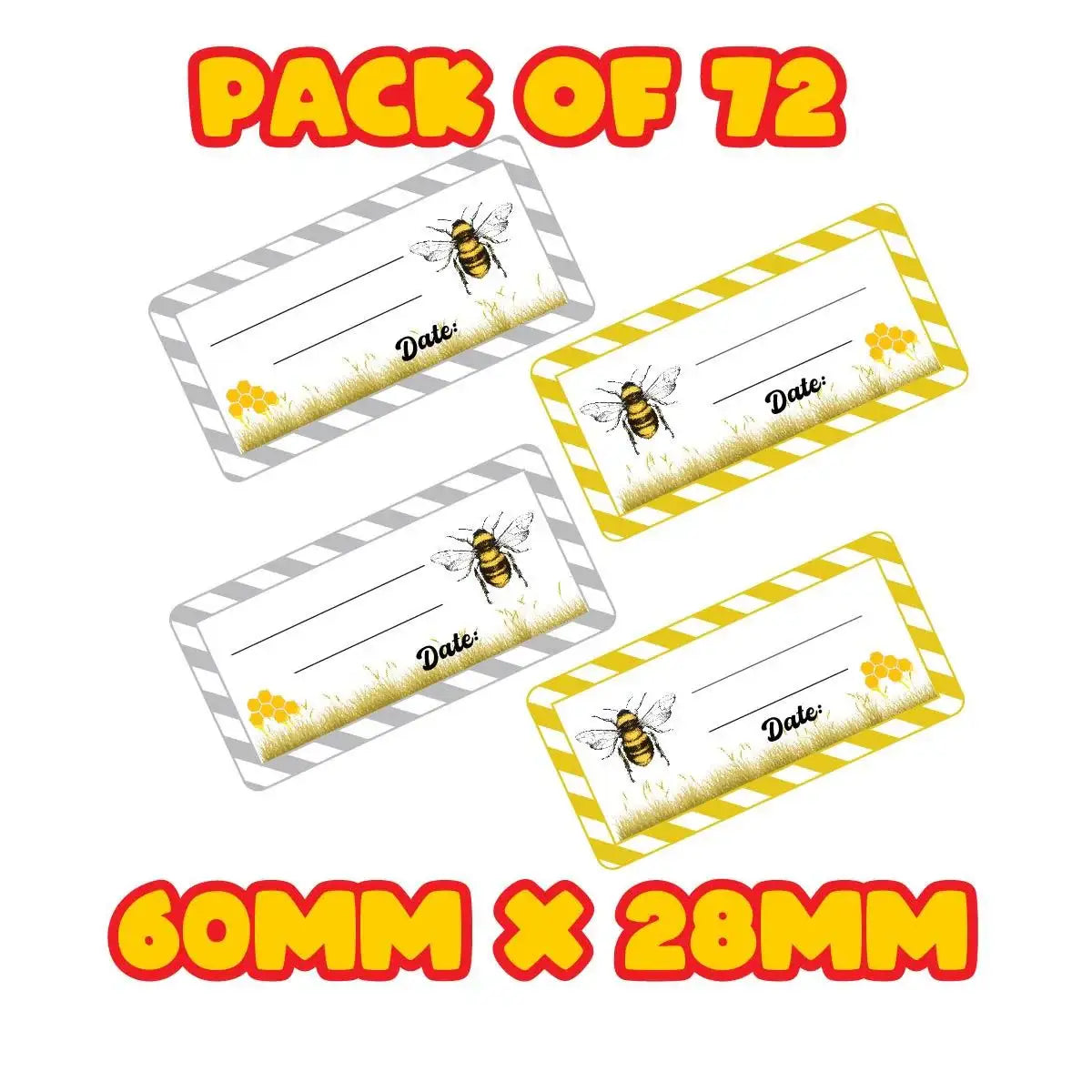 Pack of 72 bee-themed reward stickers with date lines, 60mm x 28mm, for classroom use