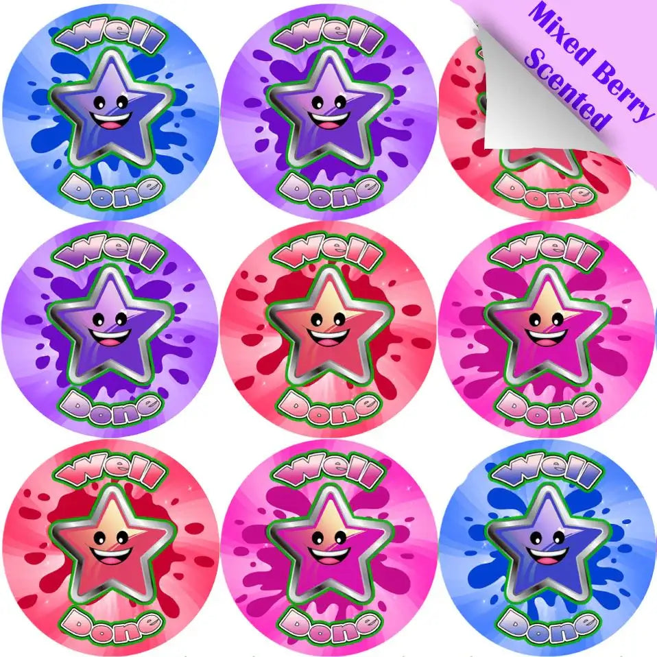 Colorful star reward stickers with 'Well Done', mixed berry scented, for classroom use
