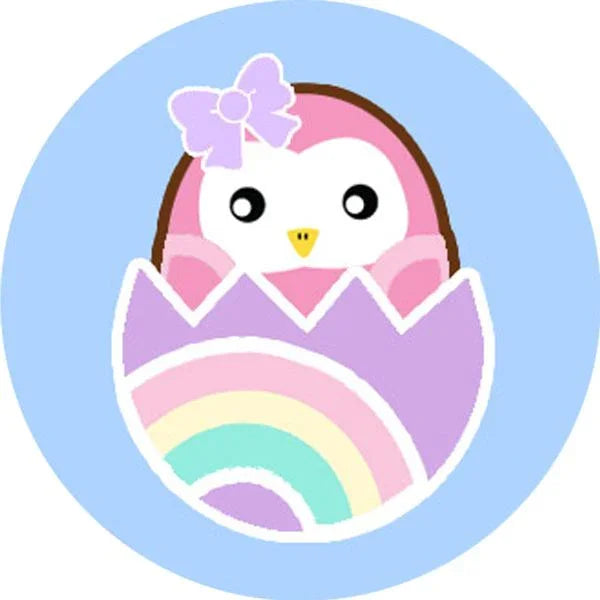 Cute pink penguin with a purple bow hatching from a rainbow pastel egg sticker