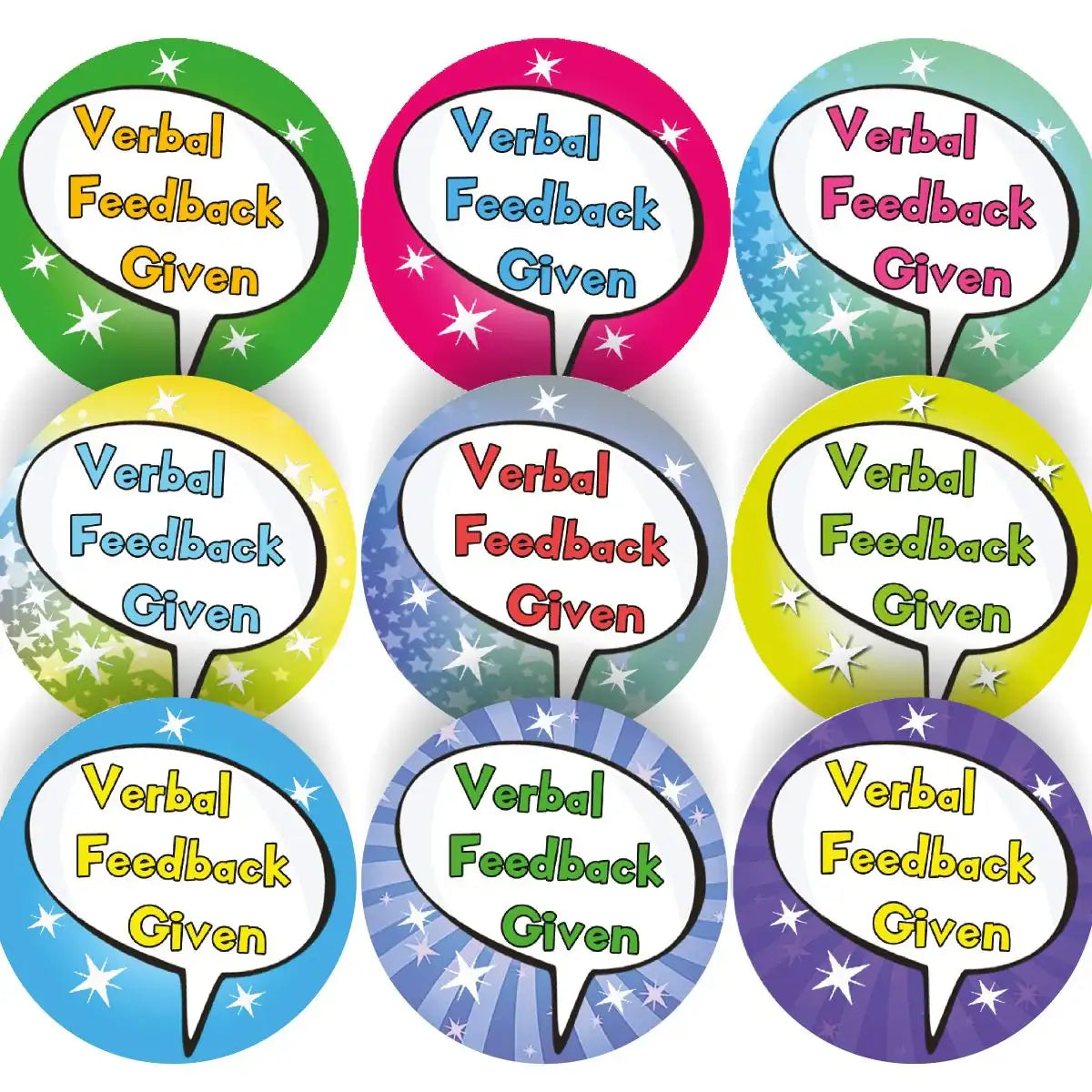 Colorful classroom reward stickers with 'Verbal Feedback Given' text in speech bubbles