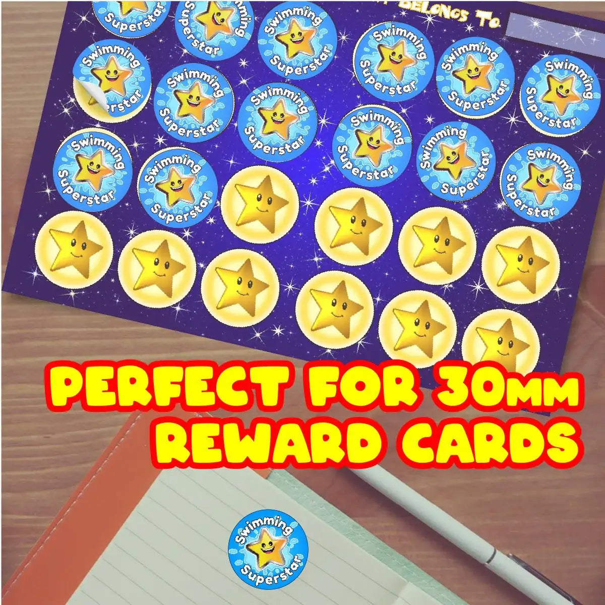 Swimming Superstar star reward stickers for 30mm cards, classroom motivation, student prizes