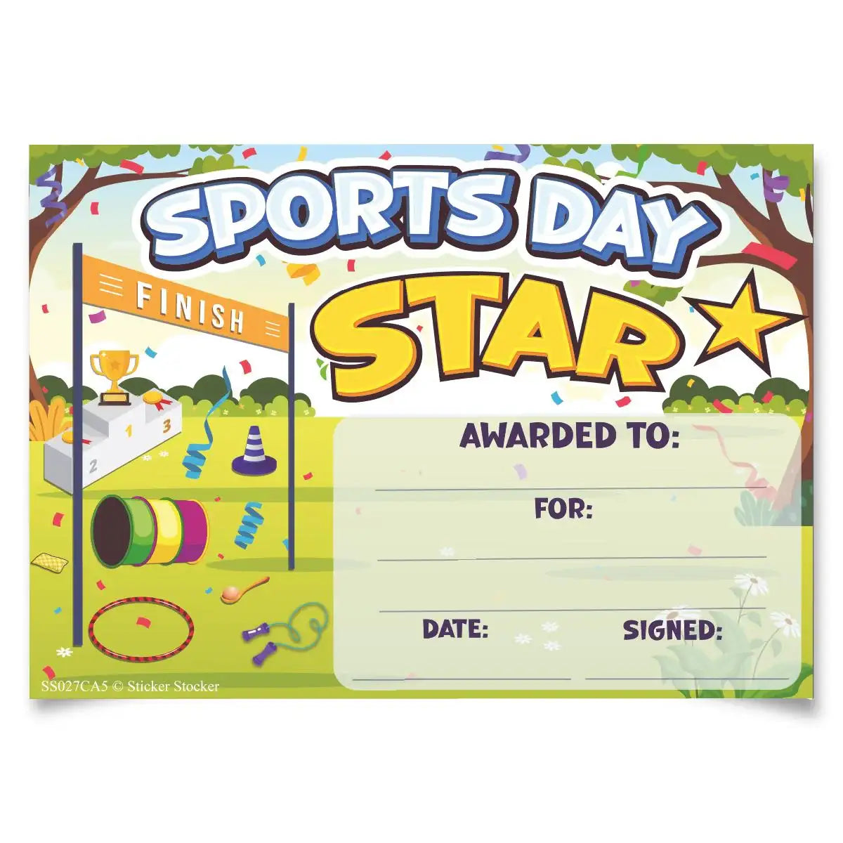 Sports Day Star reward certificate with finish line, podium, confetti, and space to fill details.