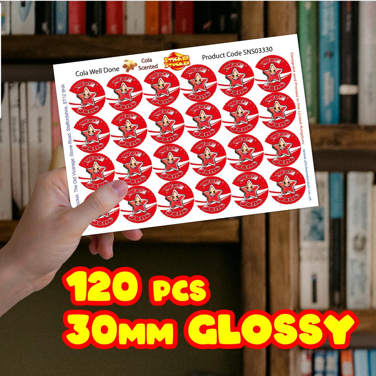 120 Cola Well Done Scented 30mm Reward Stickers for Teachers, Parents and Party Bags