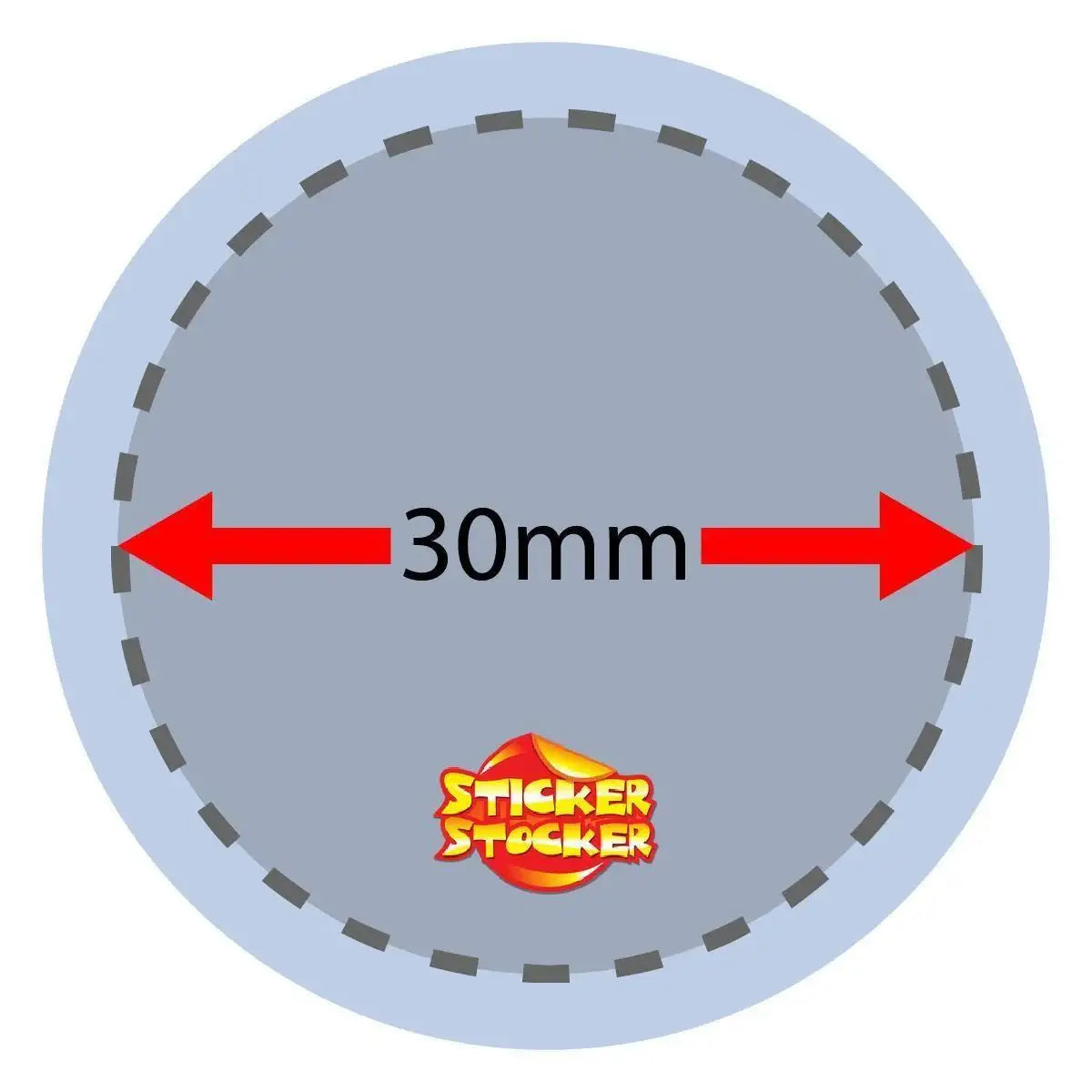 Grey circular sticker illustration labeled 30mm diameter with red arrows and dashed border