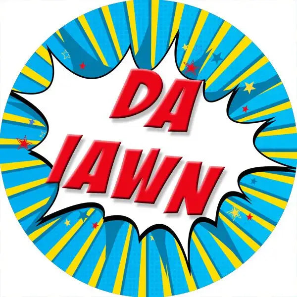 Comic style reward sticker with 'Da Iawn' in bold red letters on blue starburst background