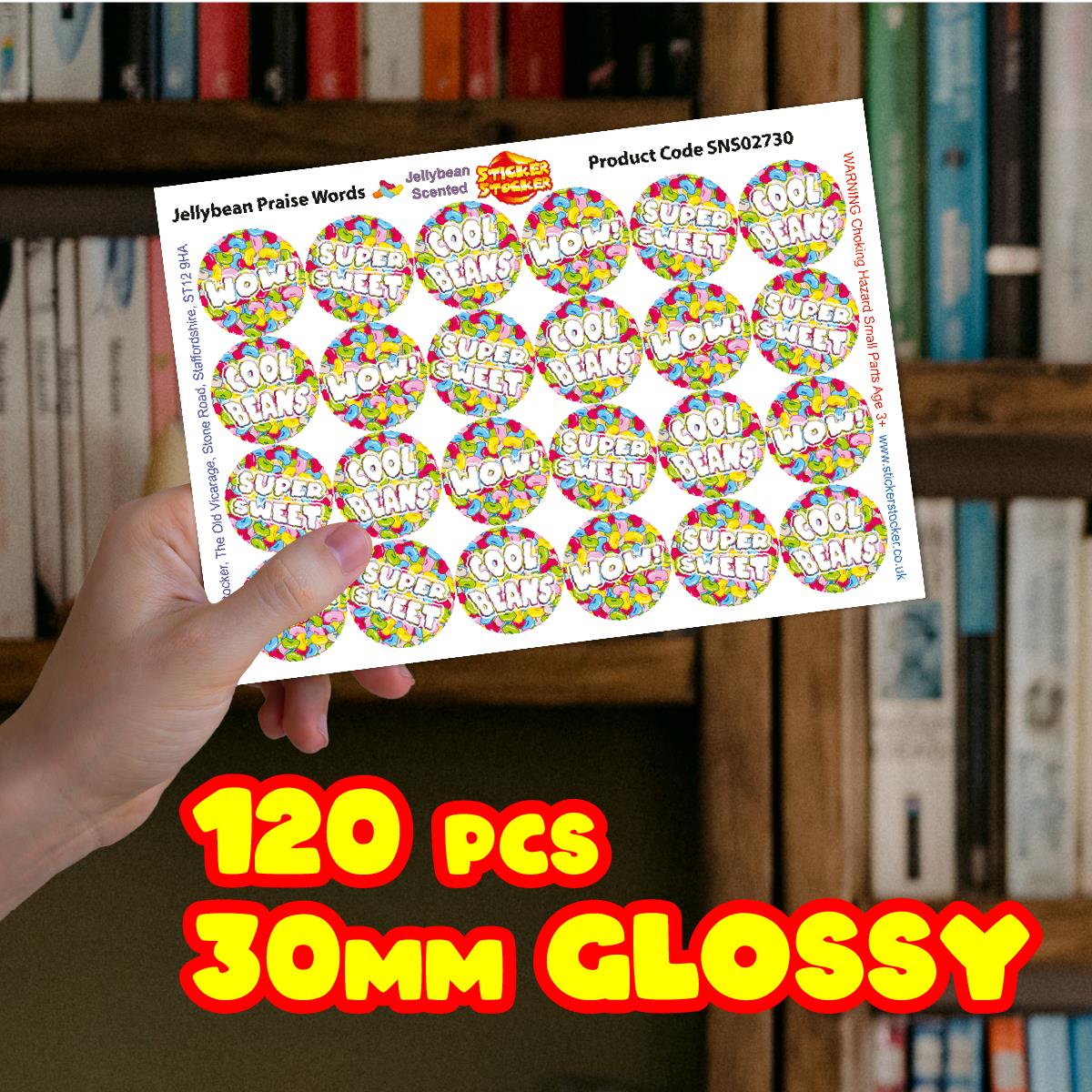 120 Jellybean Praise Words 30mm Scented Reward Stickers for Teachers, Parents and Party Bags