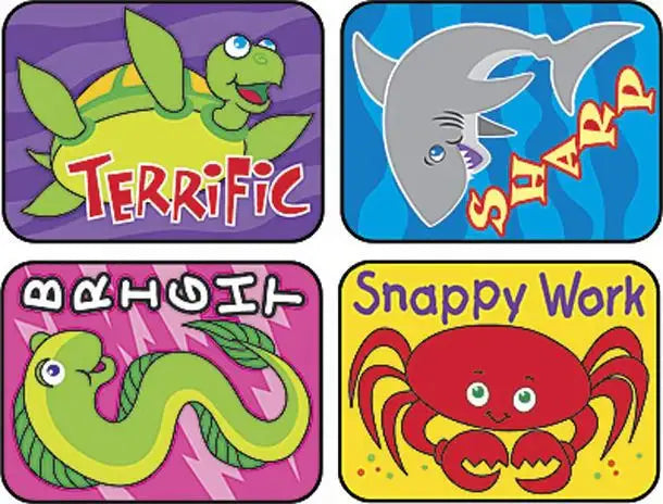 Colorful reward stickers with turtle, shark, snake, and crab for classroom motivation