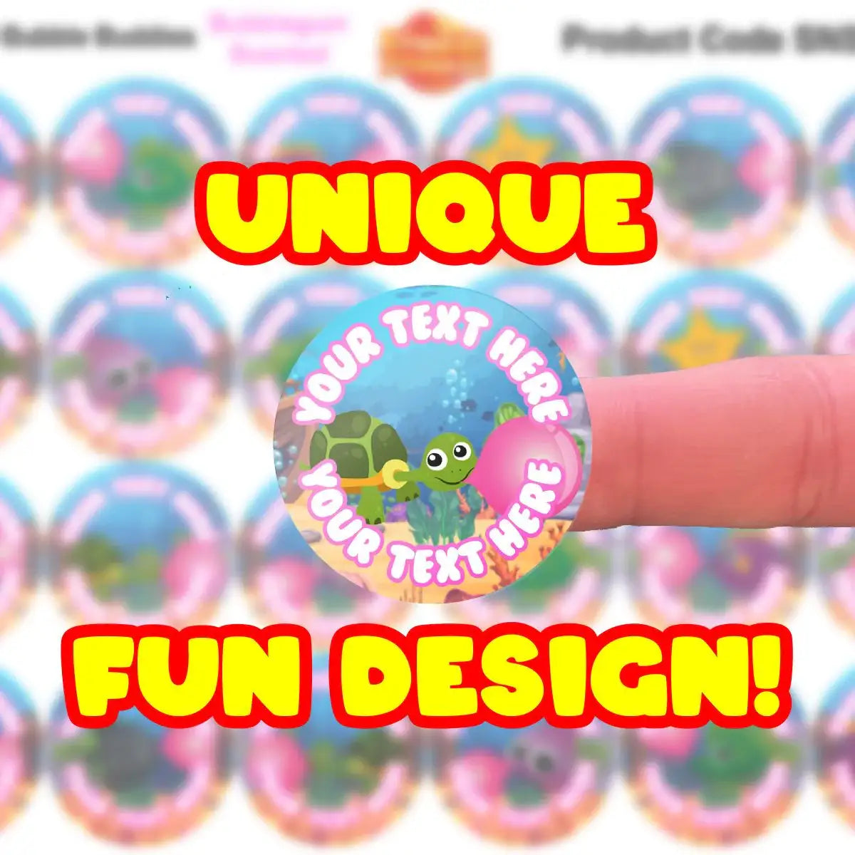 Custom underwater turtle reward sticker for teachers, shown on fingertip, fun classroom design