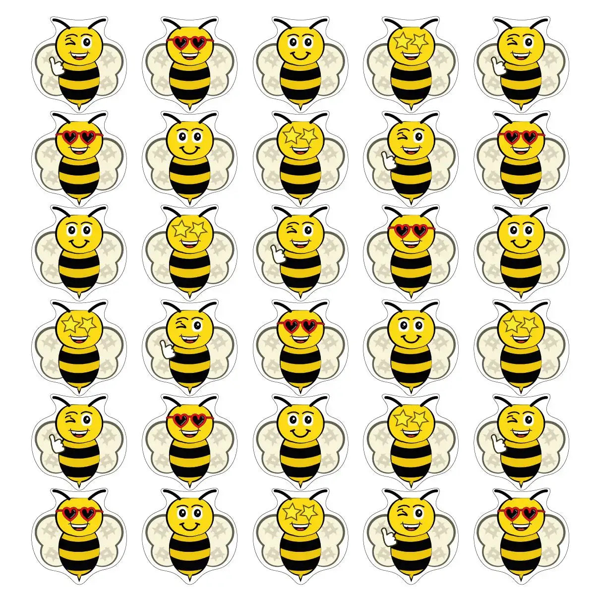 Sheet of bee reward stickers with smiling, winking, and heart eyes emoji faces.