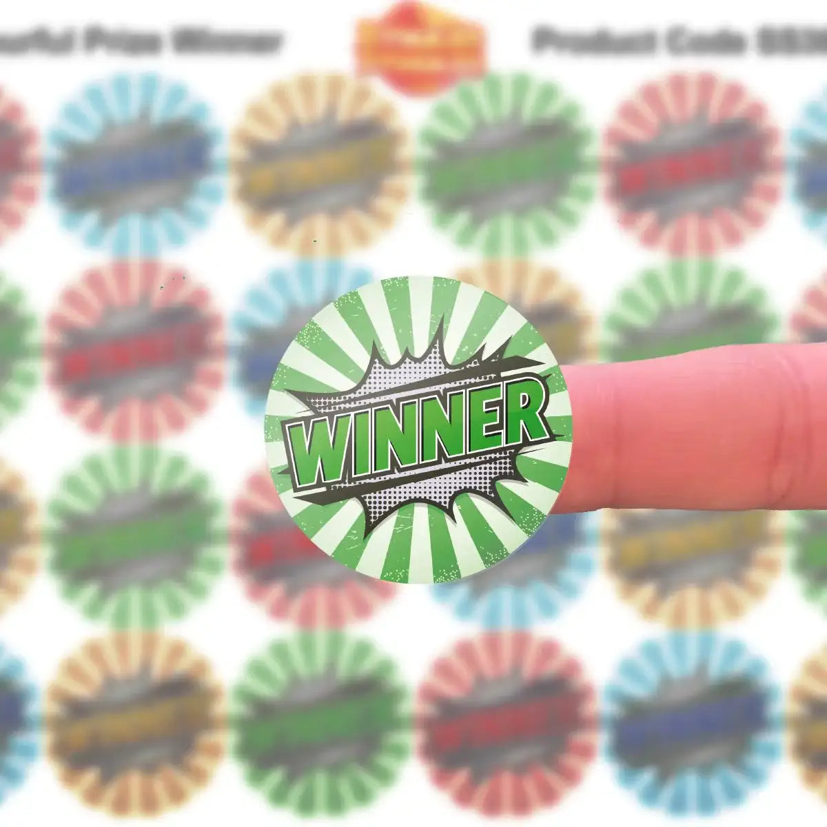 Green winner sticker with comic style design on fingertip, colorful reward stickers in background
