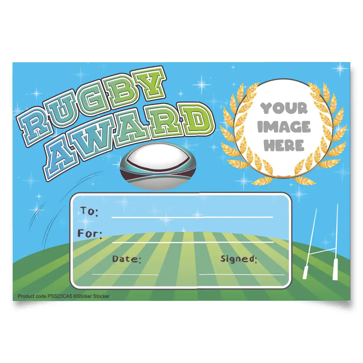Rugby award certificate template with rugby field, ball, gold laurel, and fill-in details