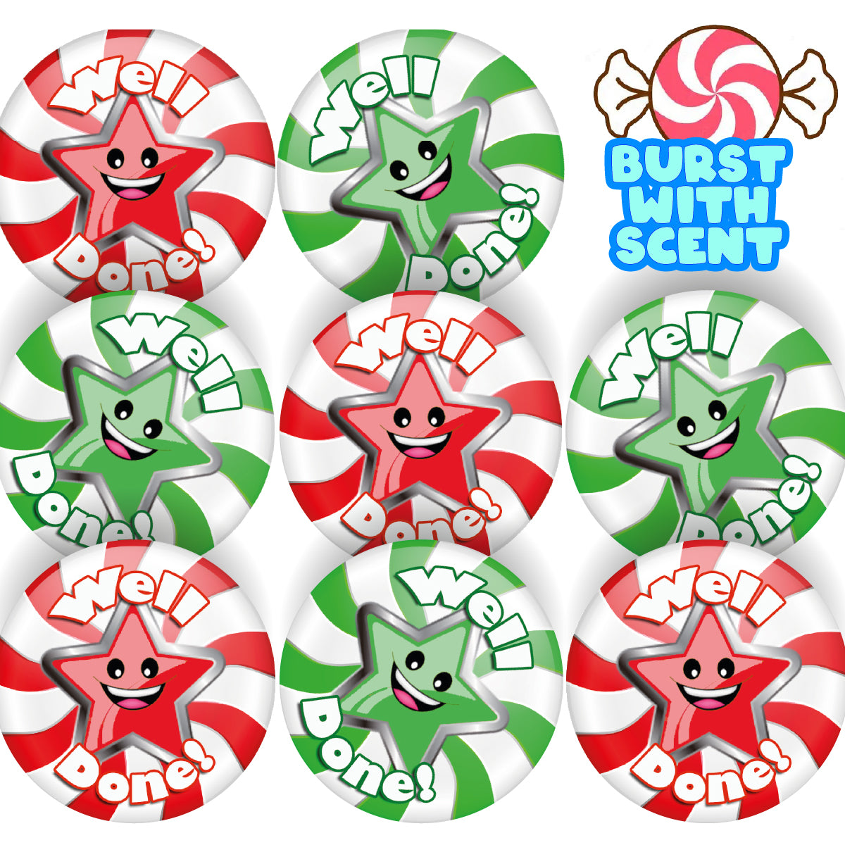120 Well Done Star Peppermint Scented Stickers - 30mm Scented Stickers - For Teachers Nursery Parents