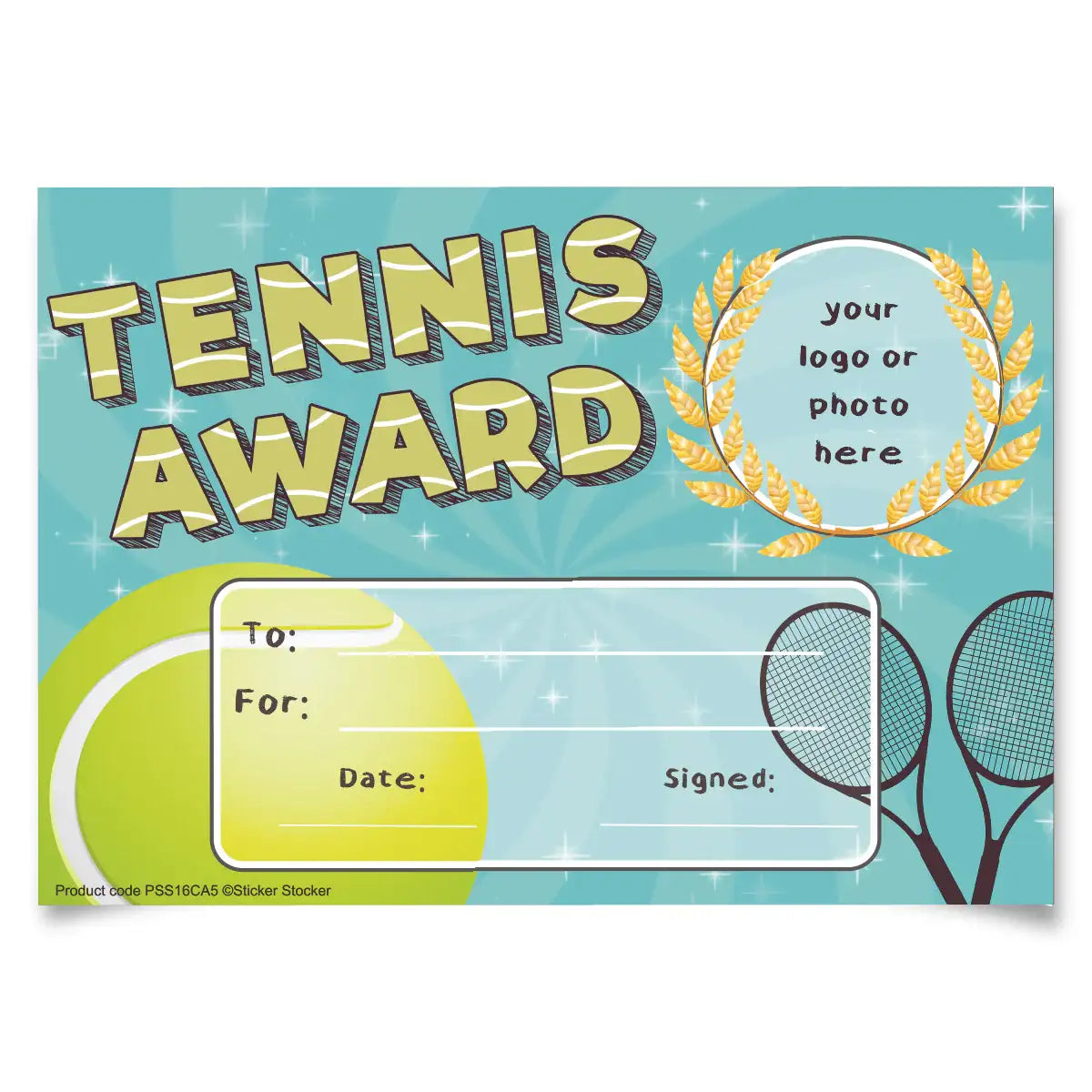 Tennis award certificate template with tennis rackets, ball, and space for custom logo