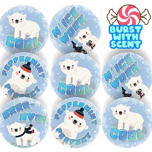120 Polar Bear Praise Words Peppermint Scented Stickers - 30mm Scented Stickers - For Teachers Nursery Parents