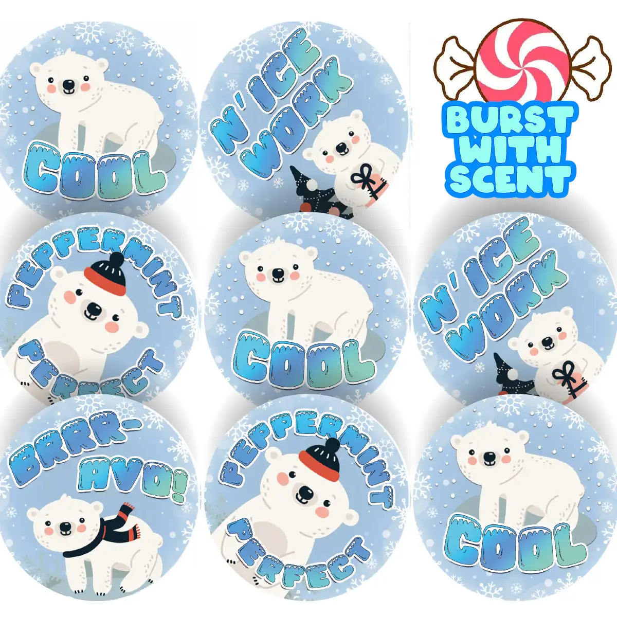 Polar bear reward stickers with winter designs and peppermint scent, perfect for classrooms.