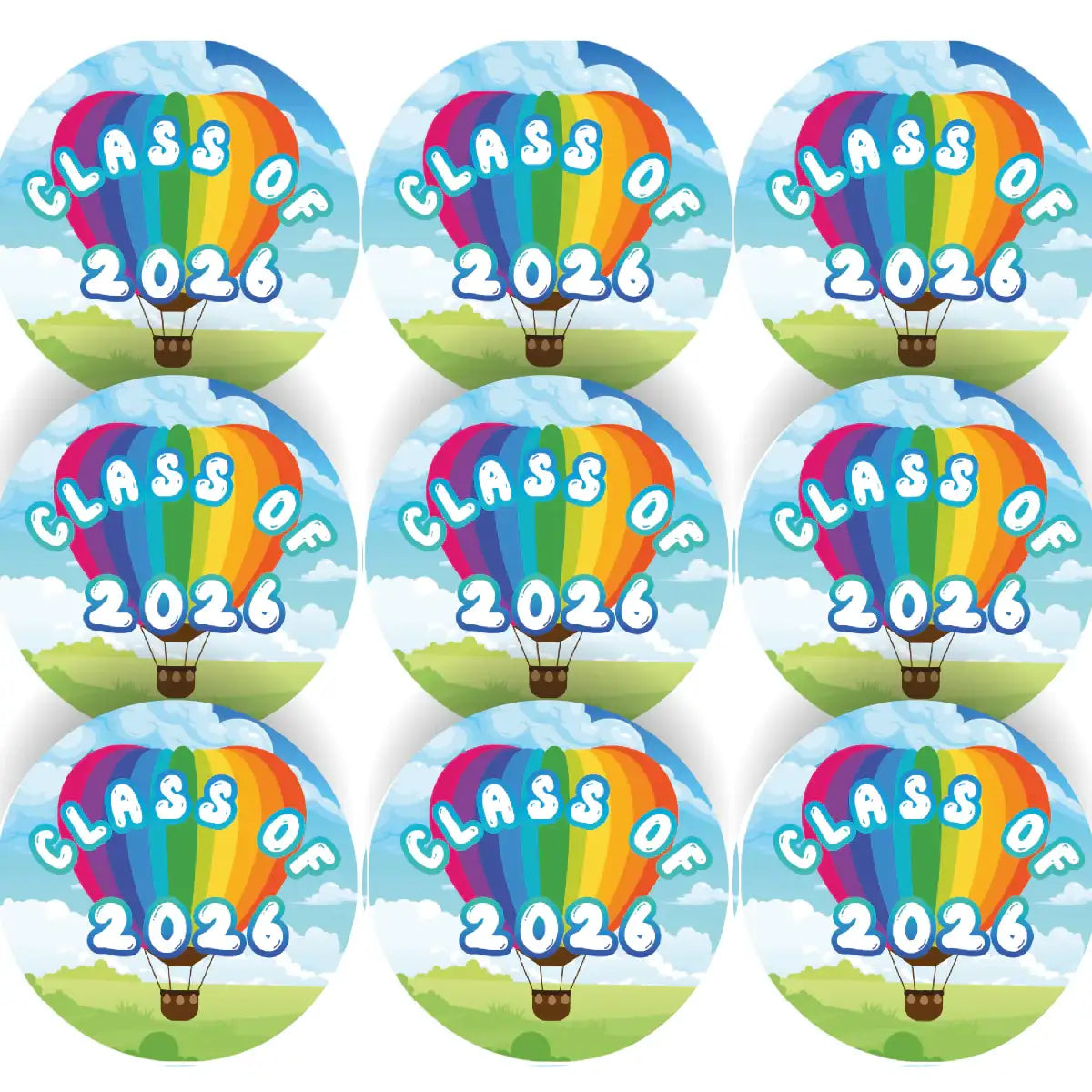 Class of 2026 rainbow hot air balloon stickers for students or classroom rewards