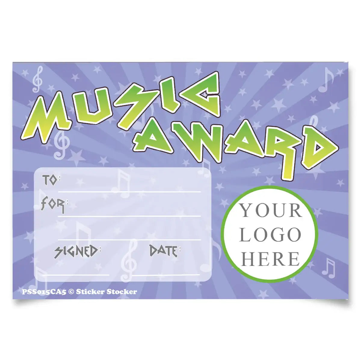 Music award certificate template with purple background, music notes, and space for custom logo