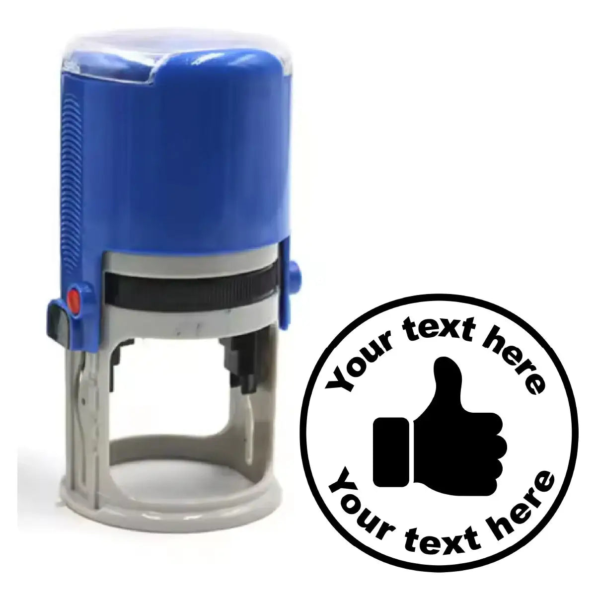Custom teacher reward stamp with blue handle and thumbs up design for classroom marking