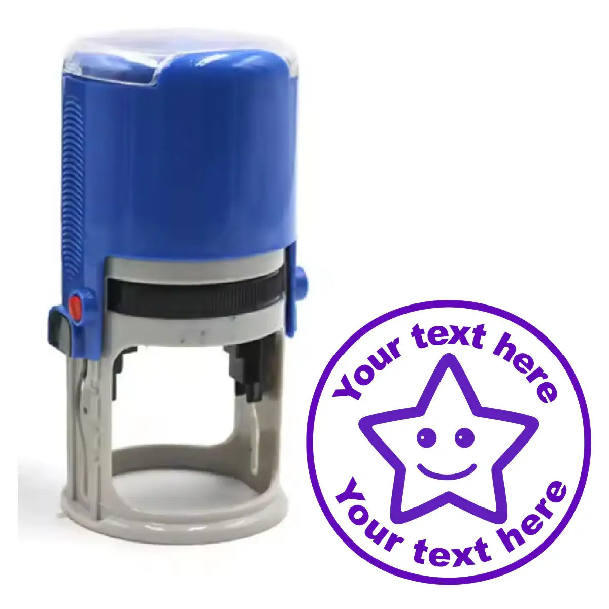 Custom teacher reward stamp with smiling star and placeholder text beside it