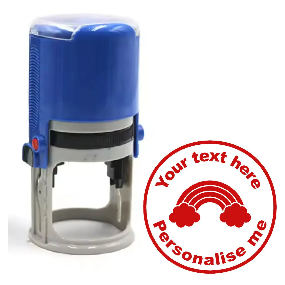 Custom teacher reward stamp with blue casing and red rainbow design for classroom marking