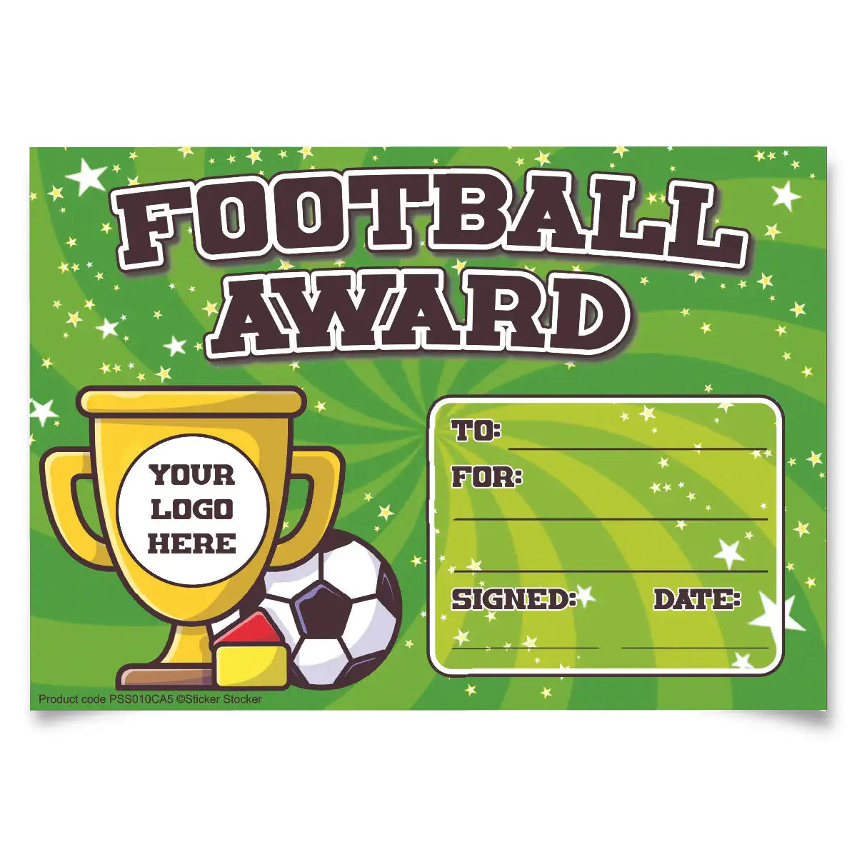 Football award certificate with trophy, soccer ball, and customizable text on green star background