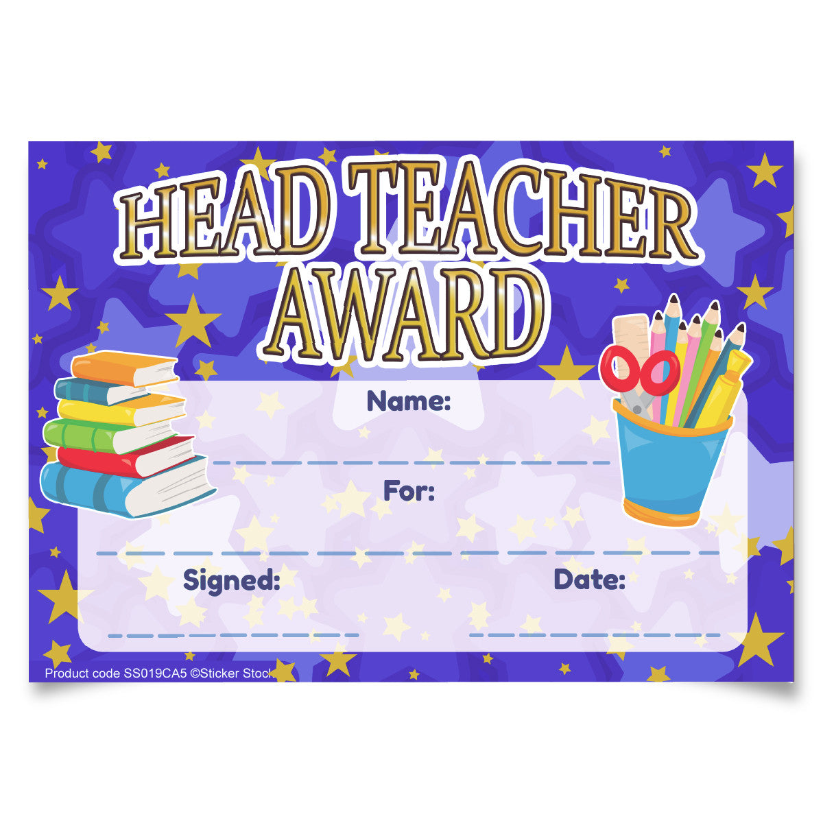Sticker Stocker 30 Head Teacher Award certificates for school teachers, 250gsm A5 silk finish card