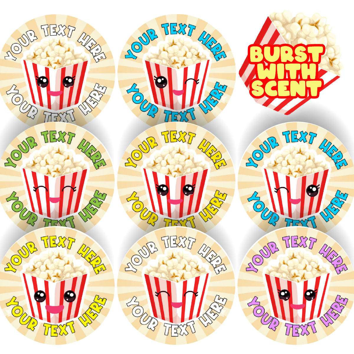 120 Popcorn Scented Personalised Stickers - Personalised 30 mm Scented Stickers - For Teachers Nursery Parents