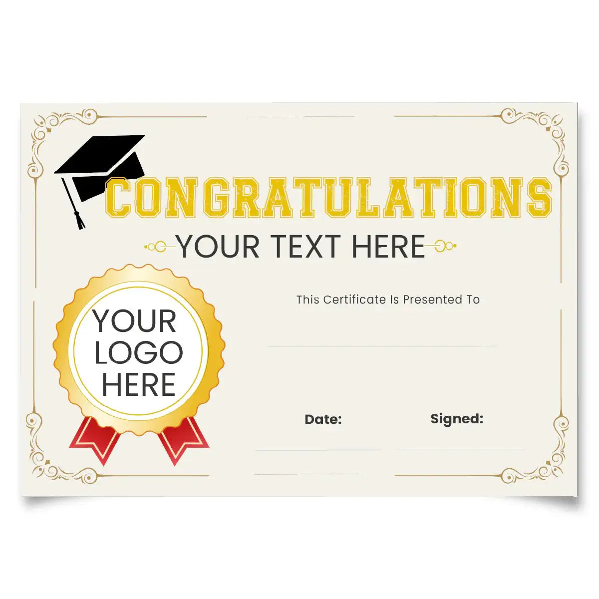 Customizable congratulations certificate with gold border, graduation cap, and award ribbon.