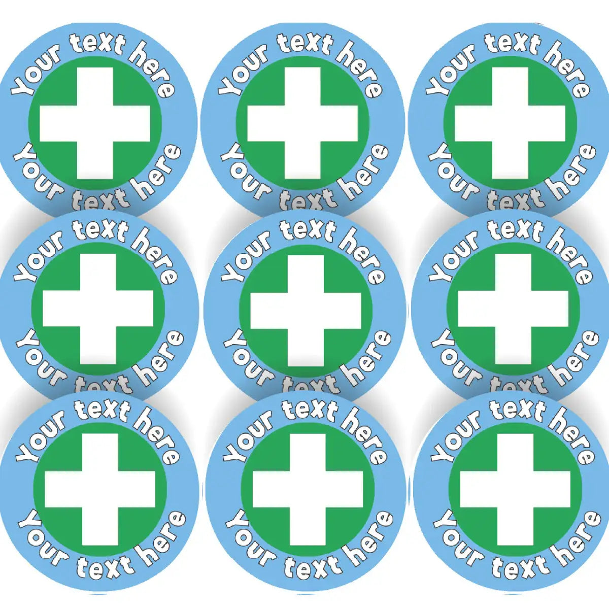Sheet of round customizable reward stickers with white cross on green and blue background