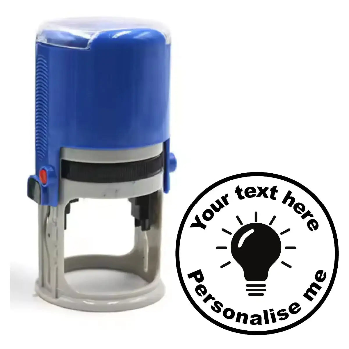Custom teacher stamp with blue handle next to circular lightbulb design for personalised marking