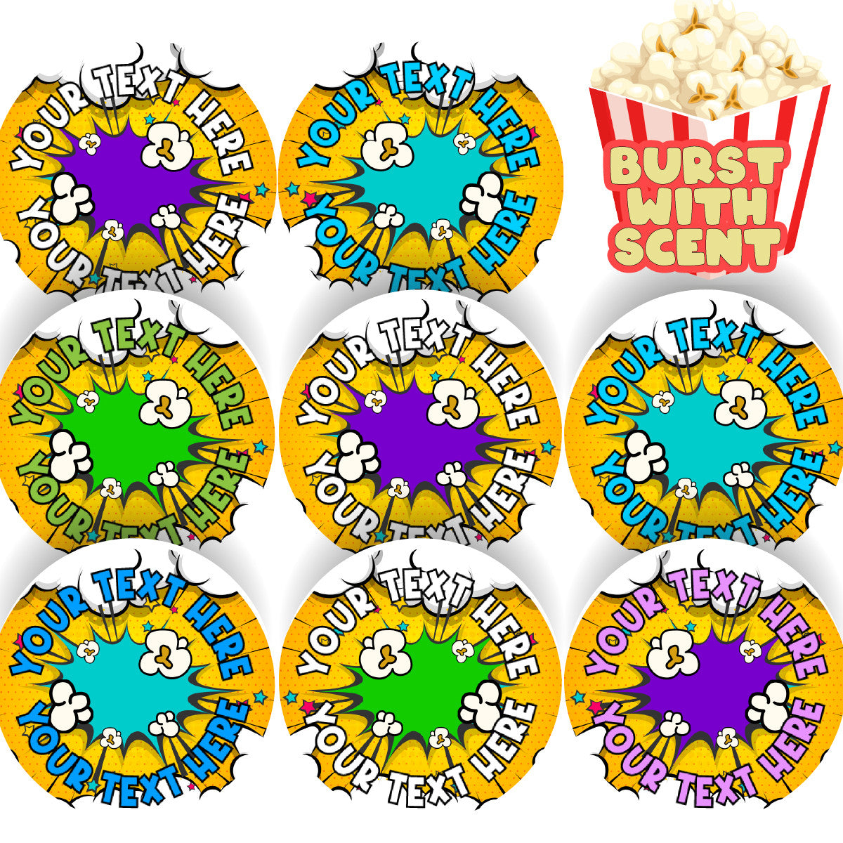 120 Popcorn POP! Scented Personalised Stickers - 30 mm - School Teachers Parents