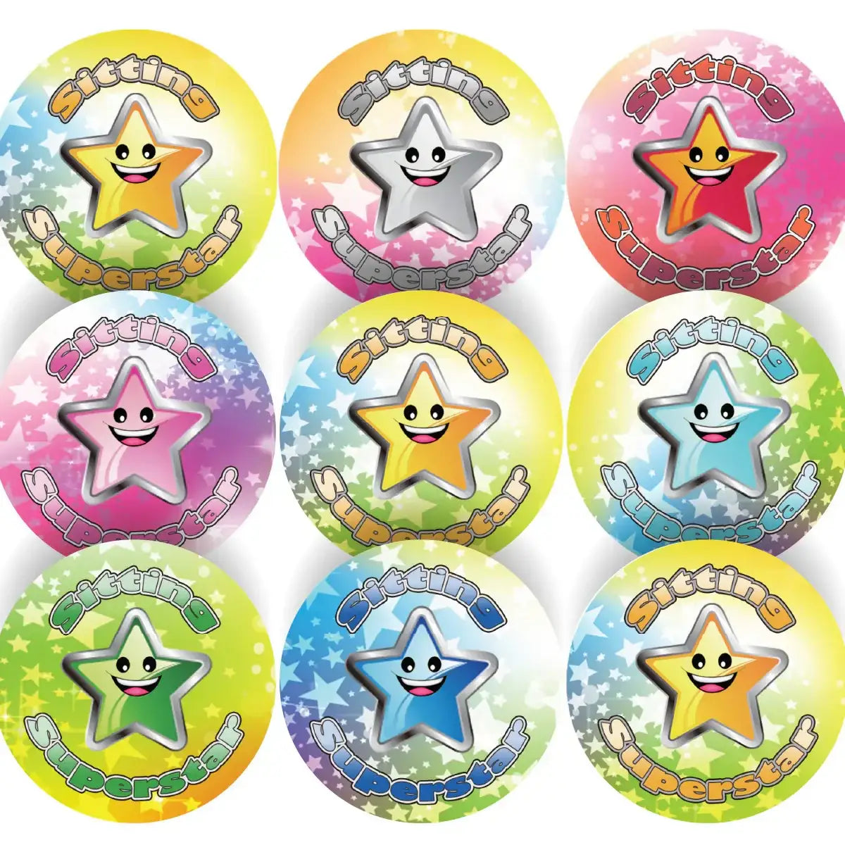 Colorful sitting superstar reward stickers with smiling stars for classroom motivation
