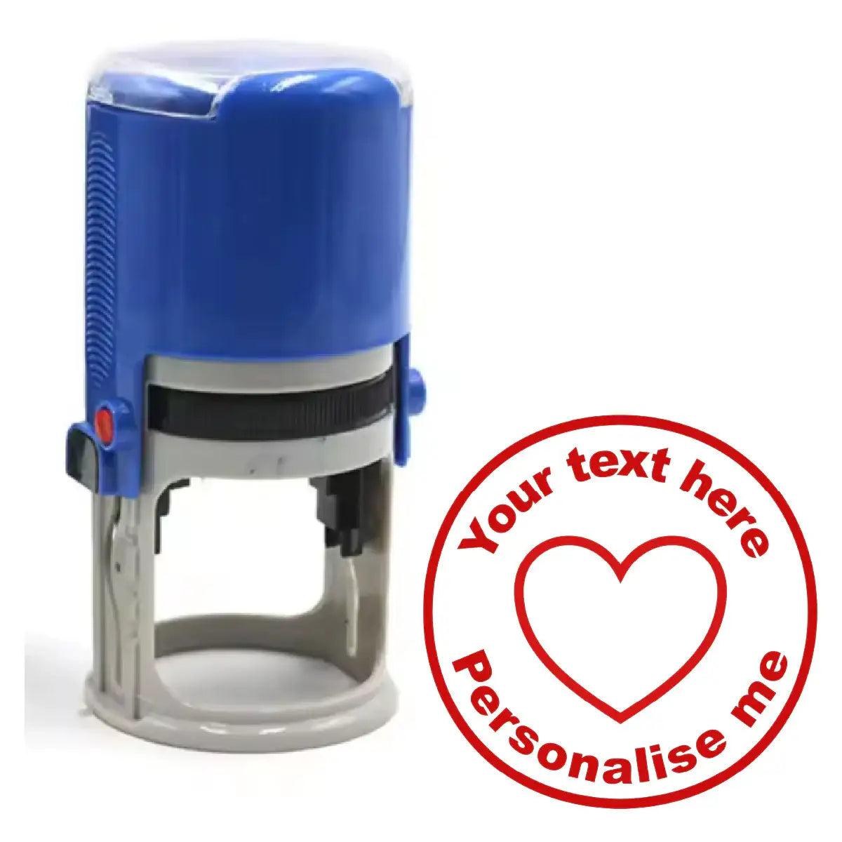 Customizable teacher stamp with blue handle and heart design for rewarding students