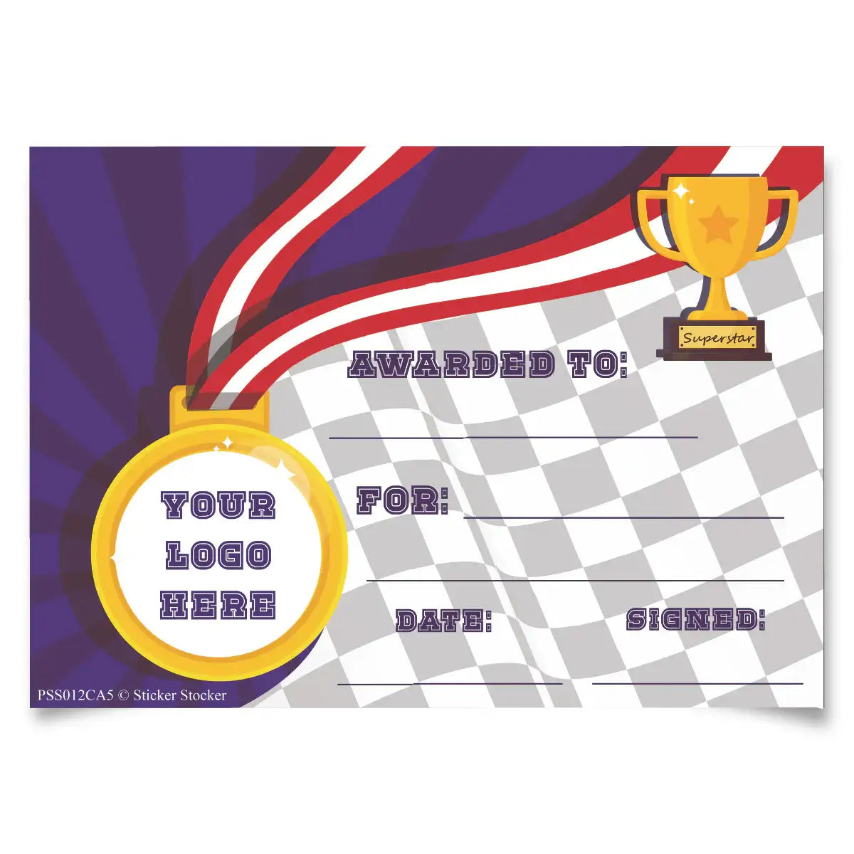 Reward certificate with gold medal, trophy, and spaces for name, achievement, date, and signature