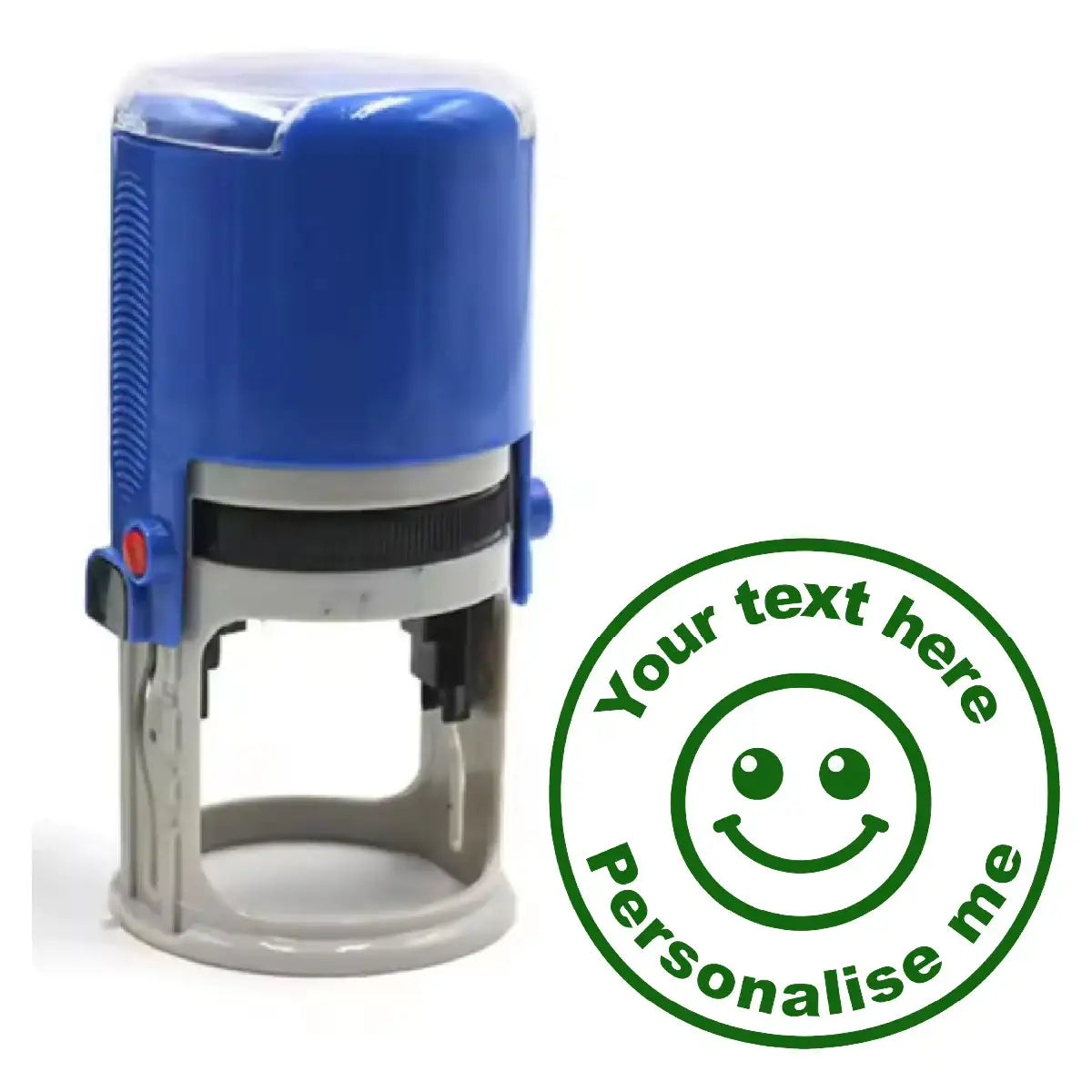 Custom teacher reward stamp with blue handle and smiley face, text reads 'Your text here Personalise me'