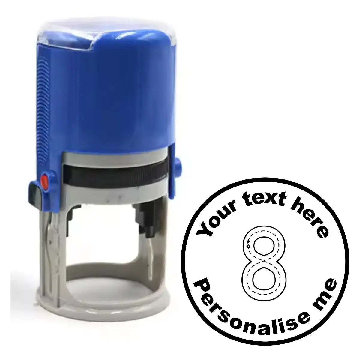 Custom blue teacher stamp with round, personalisable reward stamp design