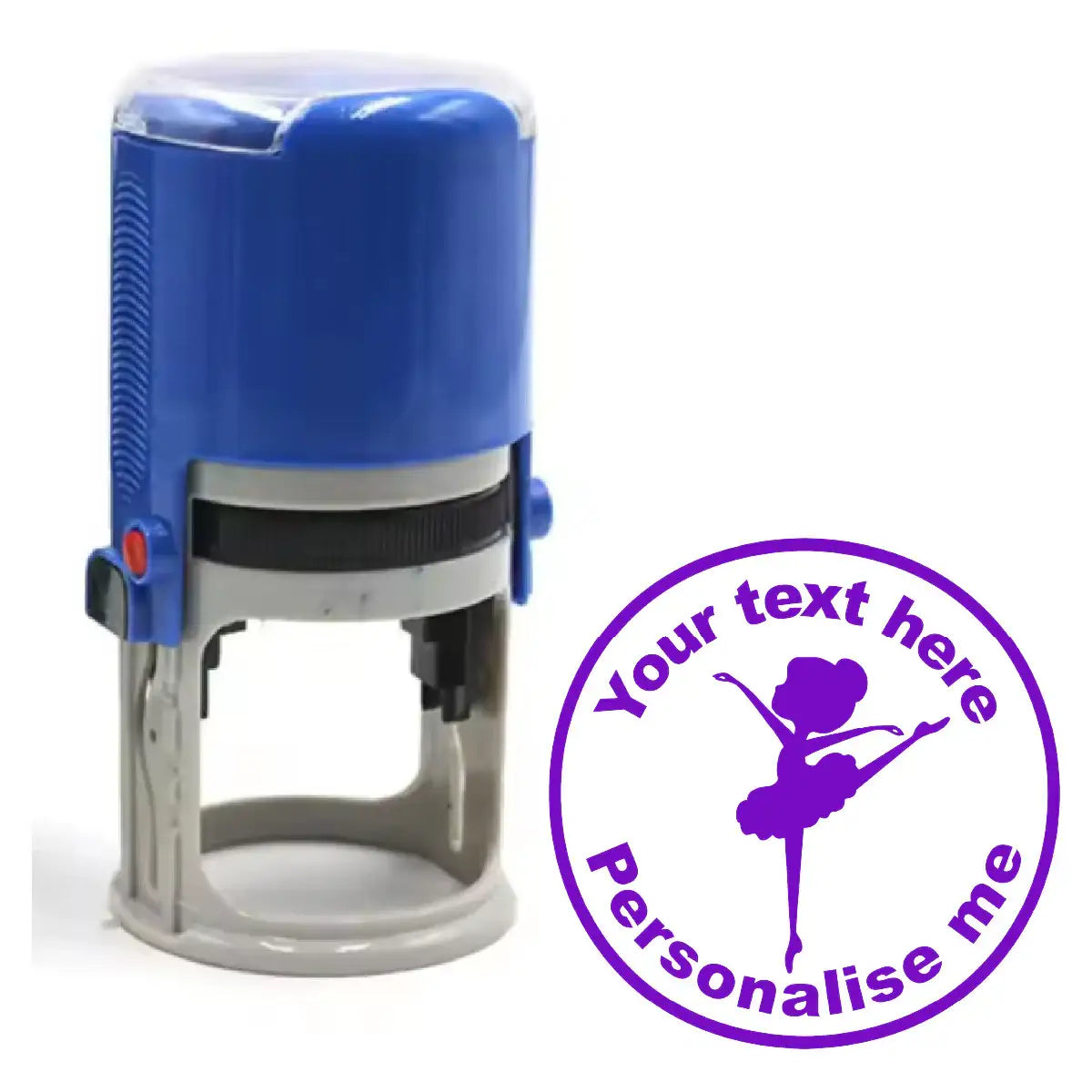 Custom teacher stamp with blue handle and purple ballerina reward design for classroom use