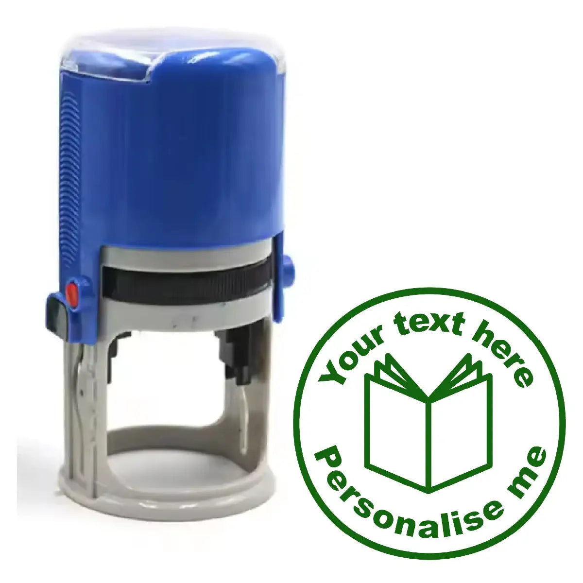 Customisable teacher reward stamp with open book design and blue handle