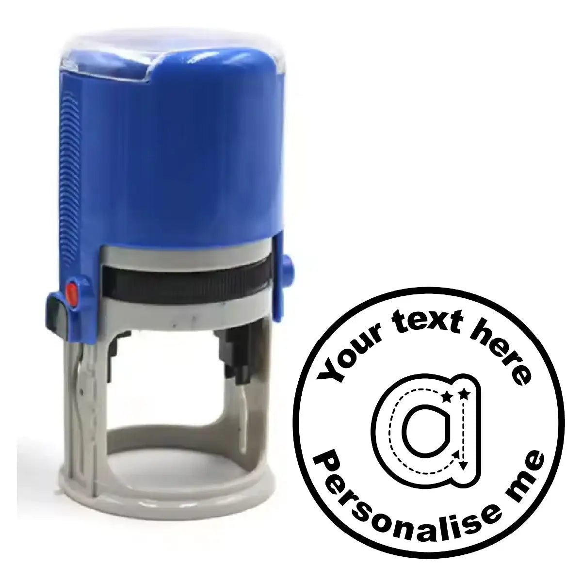 Custom teacher reward stamp with blue handle and sample personalised stamp design