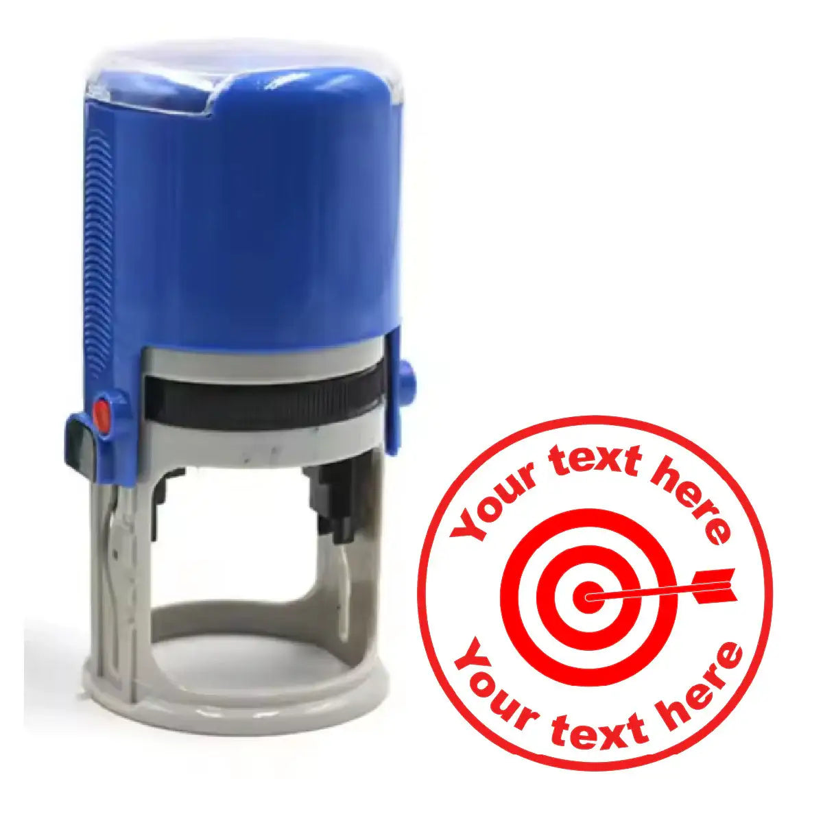 Customizable round teacher reward stamp with red target design and blue plastic handle
